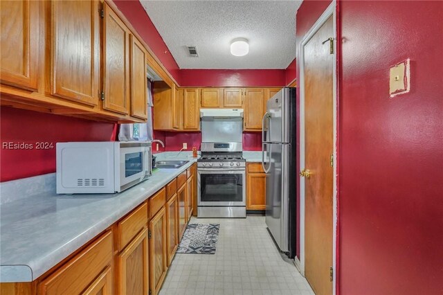 kitchen featuring sink, a textured ceiling, and appliances with stainless steel finishes