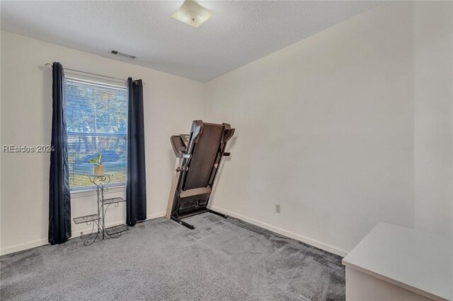 workout area featuring light carpet and a textured ceiling