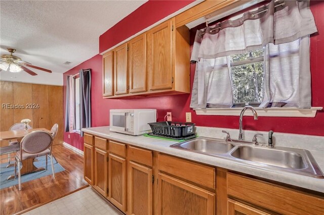 kitchen with sink, a textured ceiling, and ceiling fan