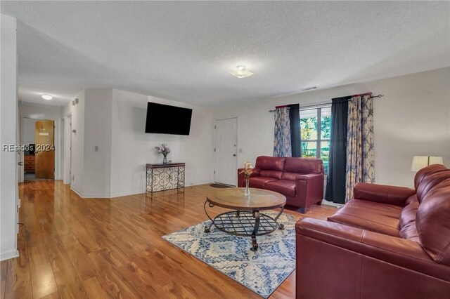 living room featuring hardwood / wood-style floors and a textured ceiling