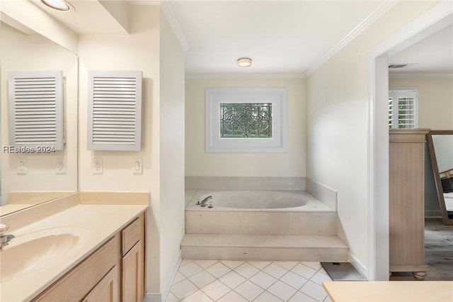 bathroom featuring tile patterned floors, ornamental molding, and a bath