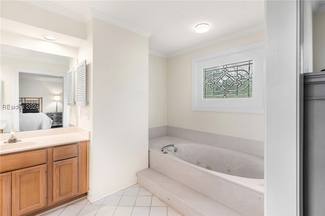 bathroom with tile patterned flooring, crown molding, a bath, and vanity