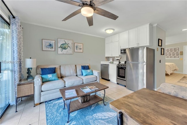 tiled living room with crown molding and ceiling fan