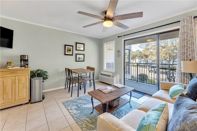 living room with ornamental molding, a wall mounted AC, and light tile patterned floors