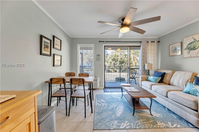 tiled living room featuring ornamental molding and ceiling fan