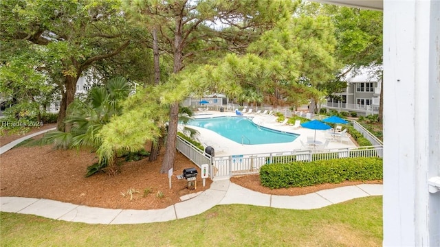 view of pool featuring area for grilling and a patio area