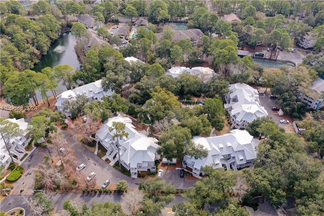 drone / aerial view with a water view