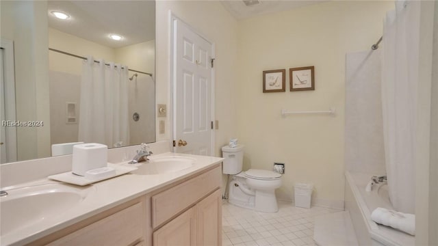 full bathroom featuring tile patterned flooring, vanity, plus walk in shower, and toilet