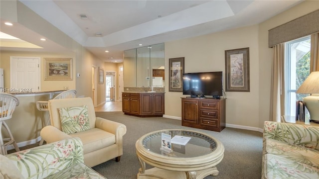 living room with a tray ceiling, sink, and carpet