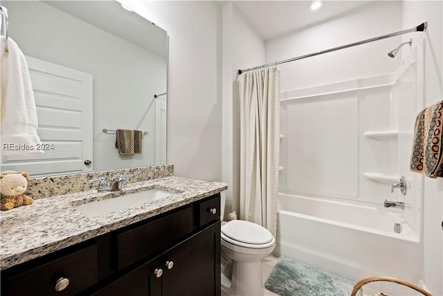 full bathroom featuring toilet, vanity, and shower / bathtub combination with curtain