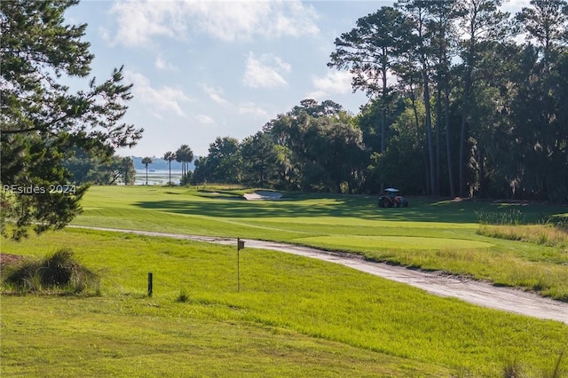 surrounding community with a water view and a lawn