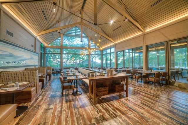 interior space with wood-type flooring, plenty of natural light, and high vaulted ceiling