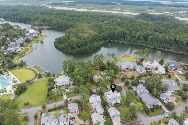 bird's eye view with a water view