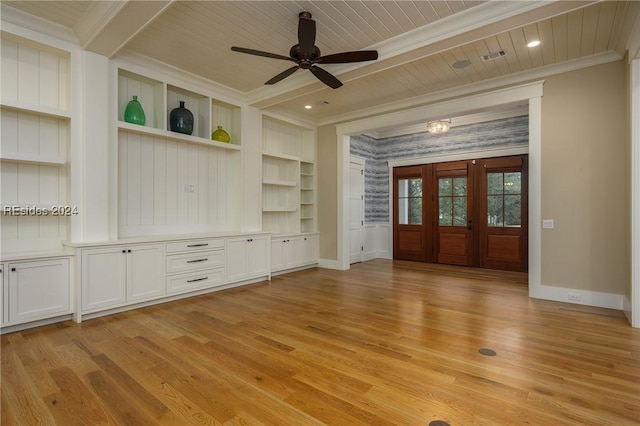 unfurnished living room with ornamental molding, ceiling fan, wood ceiling, beam ceiling, and light hardwood / wood-style flooring