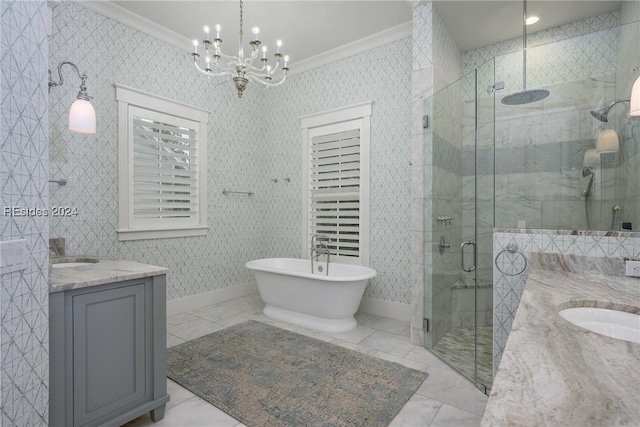 bathroom featuring an inviting chandelier, ornamental molding, plus walk in shower, and vanity