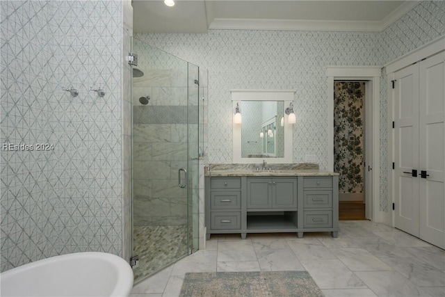 bathroom with ornamental molding, separate shower and tub, and vanity