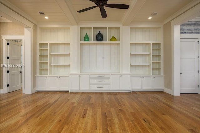 unfurnished living room featuring wood ceiling, ceiling fan, beam ceiling, and light hardwood / wood-style floors