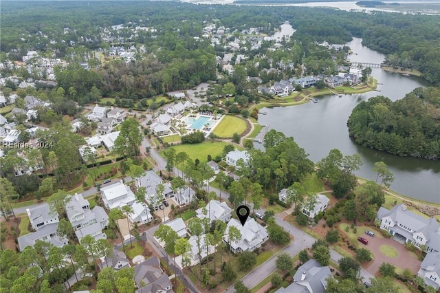 drone / aerial view featuring a water view