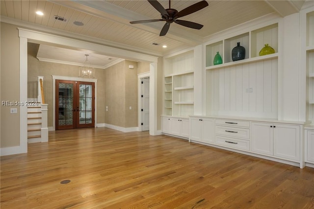 unfurnished living room featuring wood ceiling, light hardwood / wood-style flooring, beam ceiling, ceiling fan with notable chandelier, and french doors