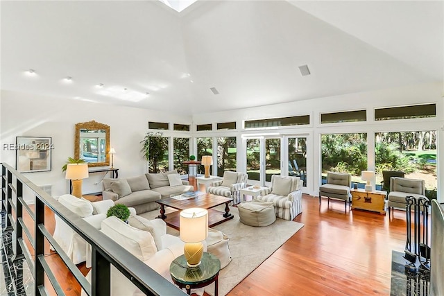 living room featuring wood-type flooring and a skylight