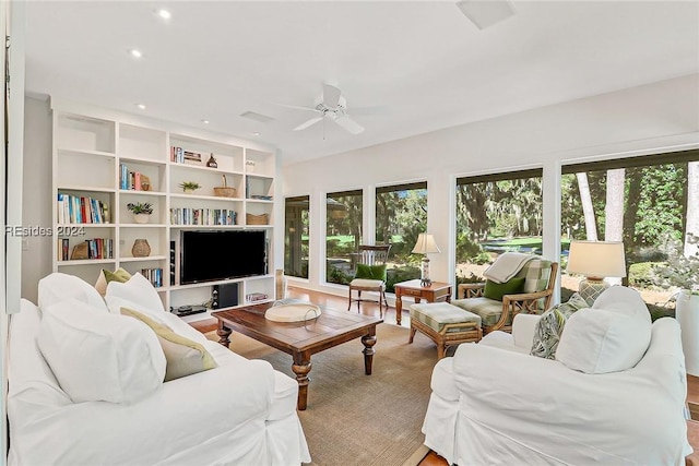 living room featuring ceiling fan