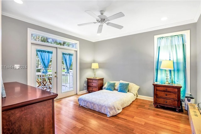 bedroom featuring french doors, ornamental molding, ceiling fan, access to exterior, and light hardwood / wood-style floors