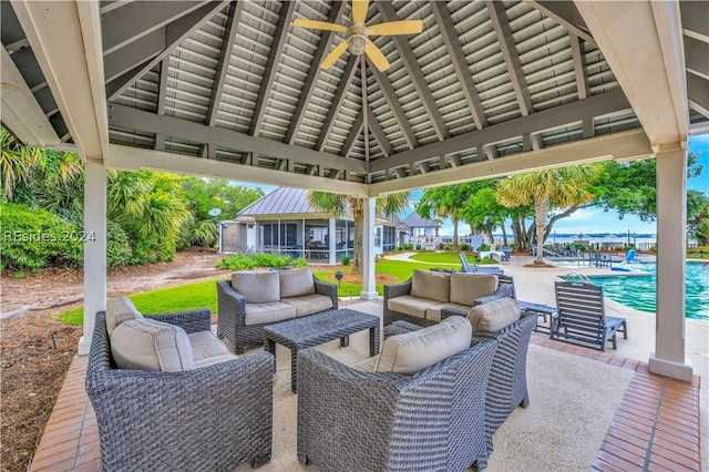 view of patio / terrace featuring a gazebo, ceiling fan, and outdoor lounge area