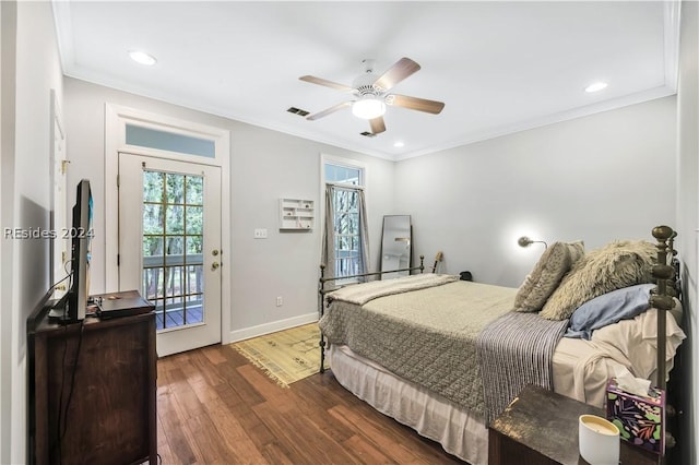 bedroom featuring dark wood-type flooring, ceiling fan, ornamental molding, and access to exterior