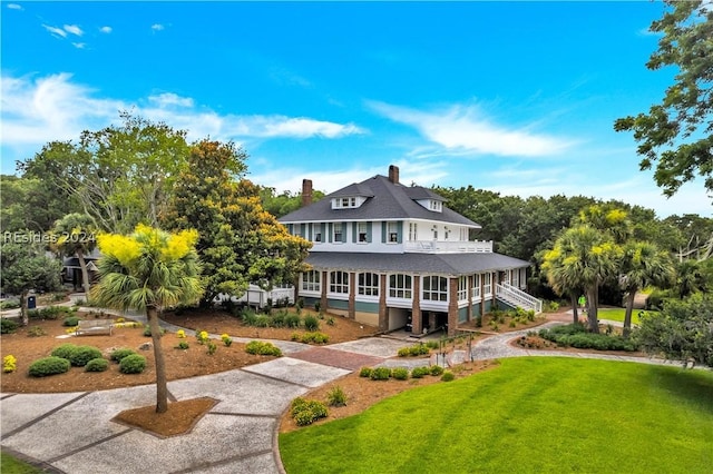 view of front of property with a front yard and a sunroom