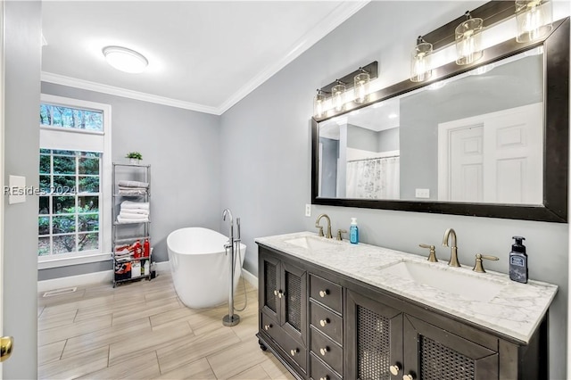 bathroom with ornamental molding, independent shower and bath, and vanity