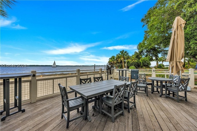 deck featuring a water view