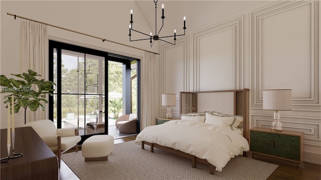 bedroom featuring access to outside, a notable chandelier, and dark hardwood / wood-style flooring