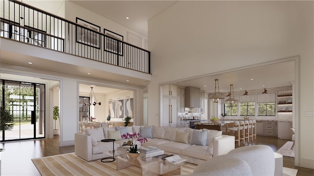 living room with a notable chandelier, plenty of natural light, wood-type flooring, and a high ceiling