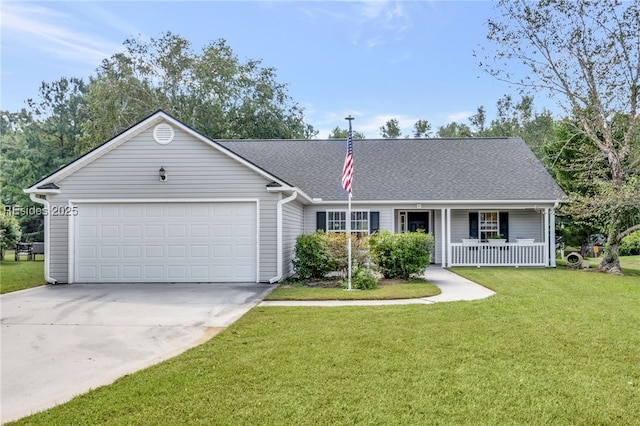 single story home with a garage, covered porch, and a front lawn