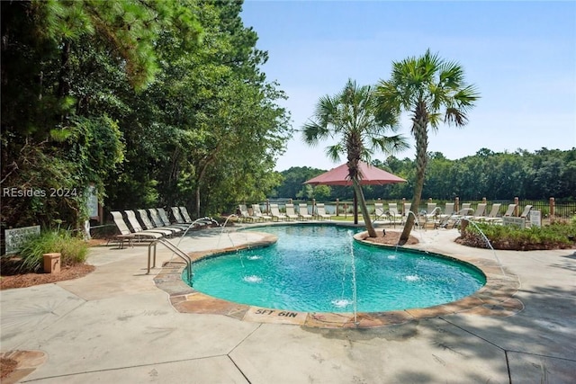 view of pool featuring a patio and pool water feature