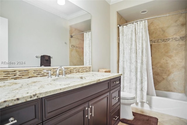 full bathroom with shower / bath combo, tasteful backsplash, vanity, ornamental molding, and toilet