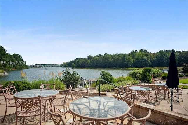 view of patio featuring a water view