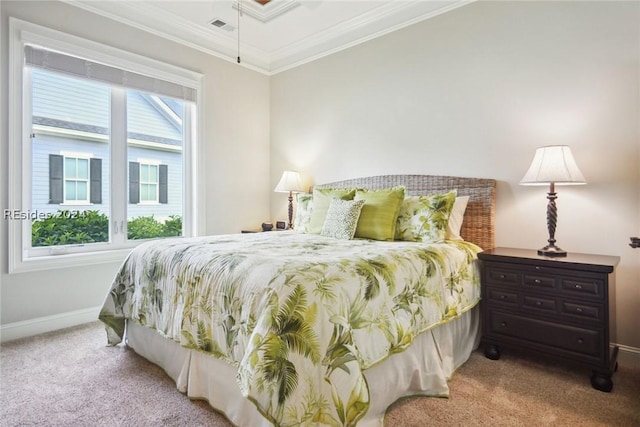 bedroom featuring crown molding and light colored carpet