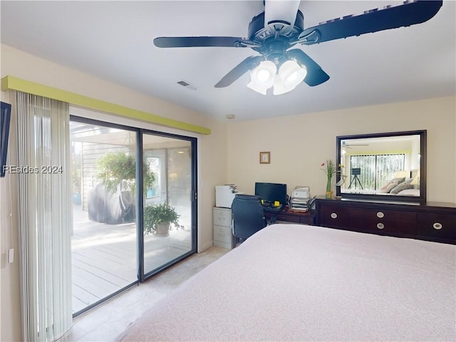 bedroom featuring access to outside and ceiling fan