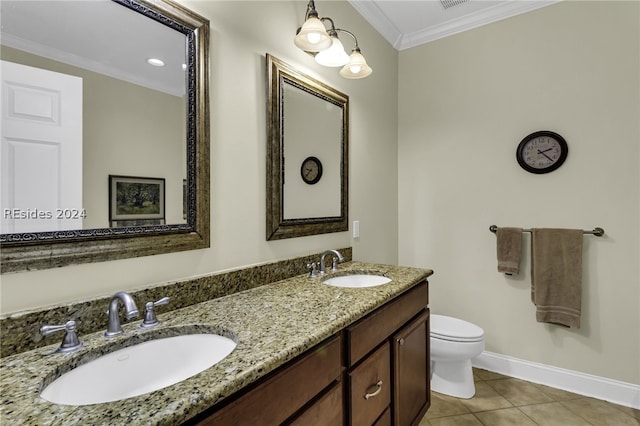 bathroom featuring ornamental molding, toilet, tile patterned flooring, and vanity