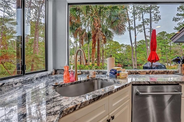 kitchen with white cabinetry, stainless steel dishwasher, sink, and stone counters