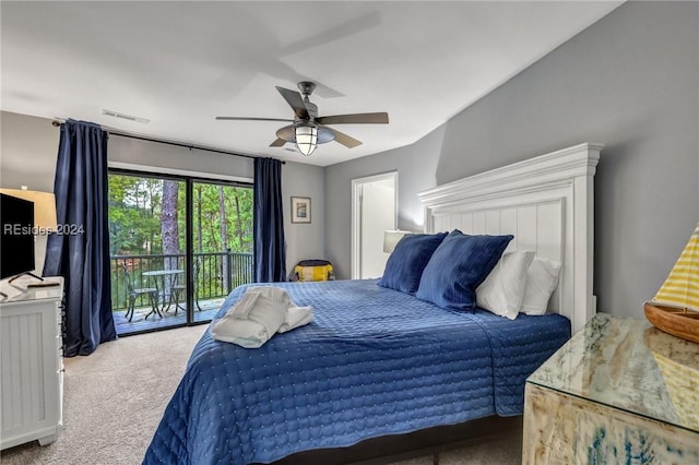 carpeted bedroom with ceiling fan and access to outside