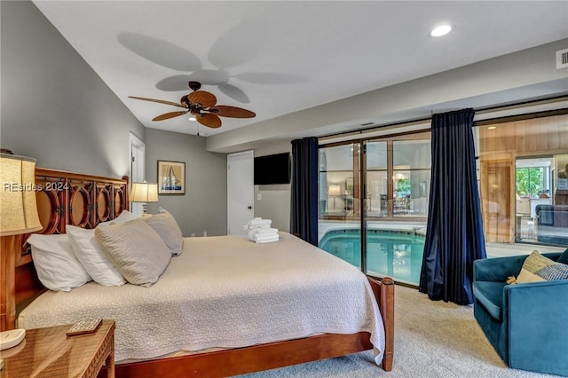 carpeted bedroom featuring access to outside and ceiling fan