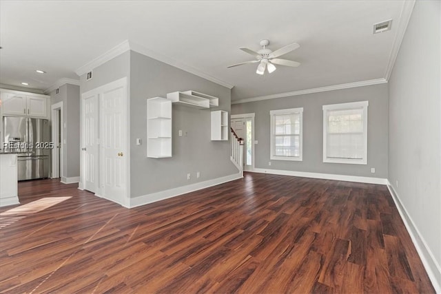 unfurnished living room with ceiling fan, ornamental molding, and dark hardwood / wood-style flooring