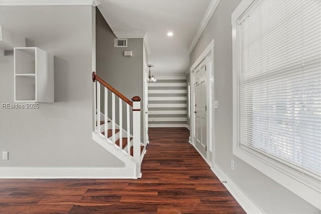 foyer with ornamental molding and dark wood-type flooring