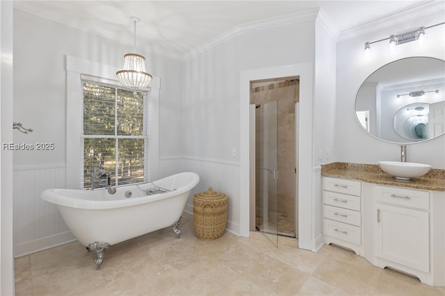 bathroom with vanity, ornamental molding, independent shower and bath, and a chandelier