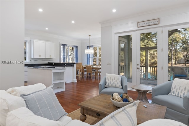 living room featuring crown molding and dark wood-type flooring