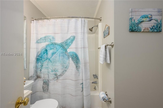 bathroom with ornamental molding, shower / bath combination with curtain, a textured ceiling, and toilet