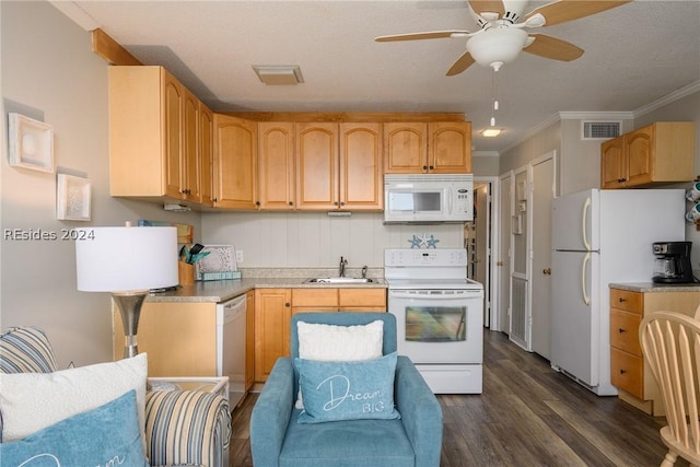 kitchen with dark wood-type flooring, white appliances, ornamental molding, and light brown cabinetry