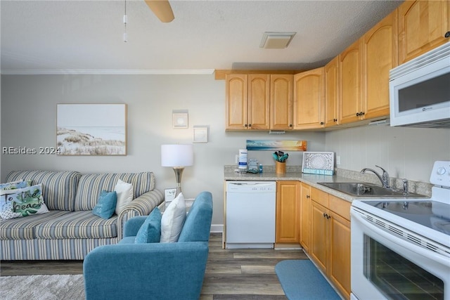 kitchen featuring sink, crown molding, white appliances, dark wood-type flooring, and light brown cabinetry